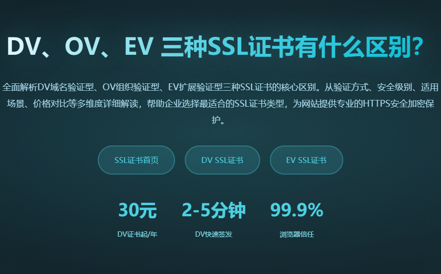 DV OV EV SSL证书区别对比_企业SSL证书申请_HTTPS证书价格_网站安全证书类型_验证方式详解